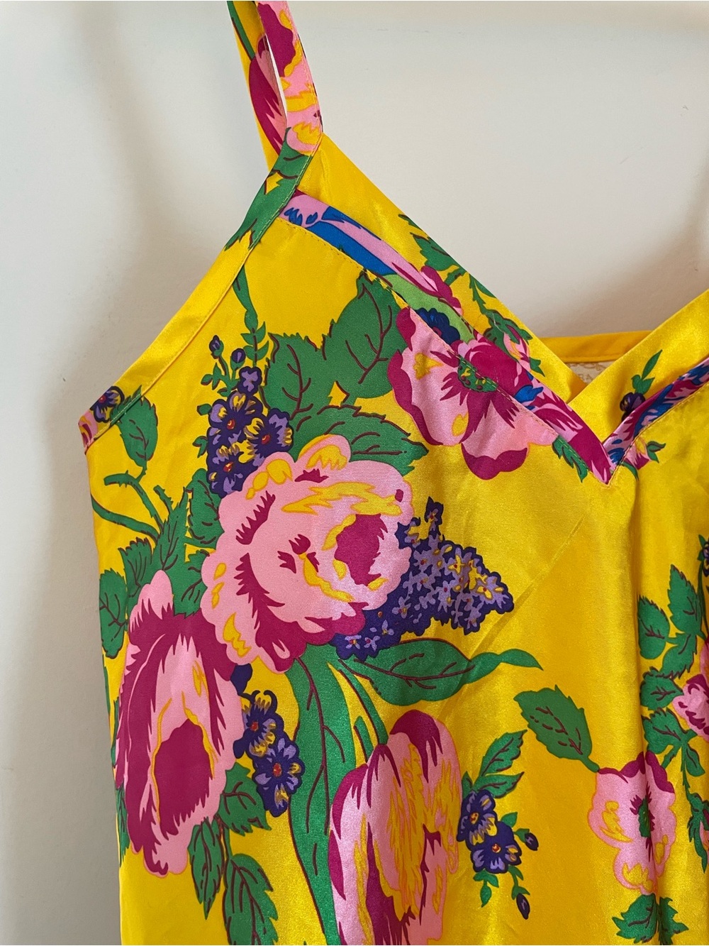 Vintage 80s Yellow Floral Satin Chemise Slip Size L